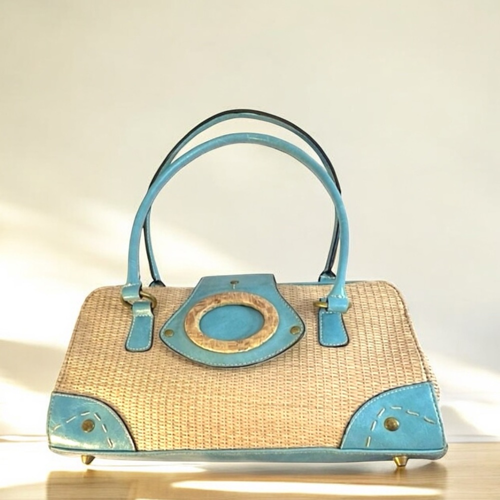 VINTAGE 70s Faux Straw and Aqua Satchel - Picture 7 of 14